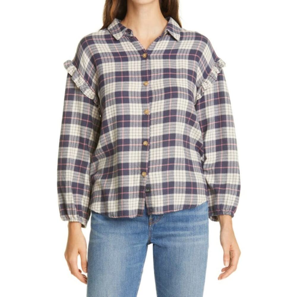 Rails Willow Ruffle Sleeve Almond Plaid Flannel Button Up Shirt